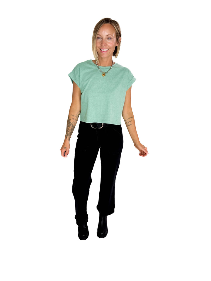 Helen Cotton Folded Sleeve Top- HEATHER MINT GREEN