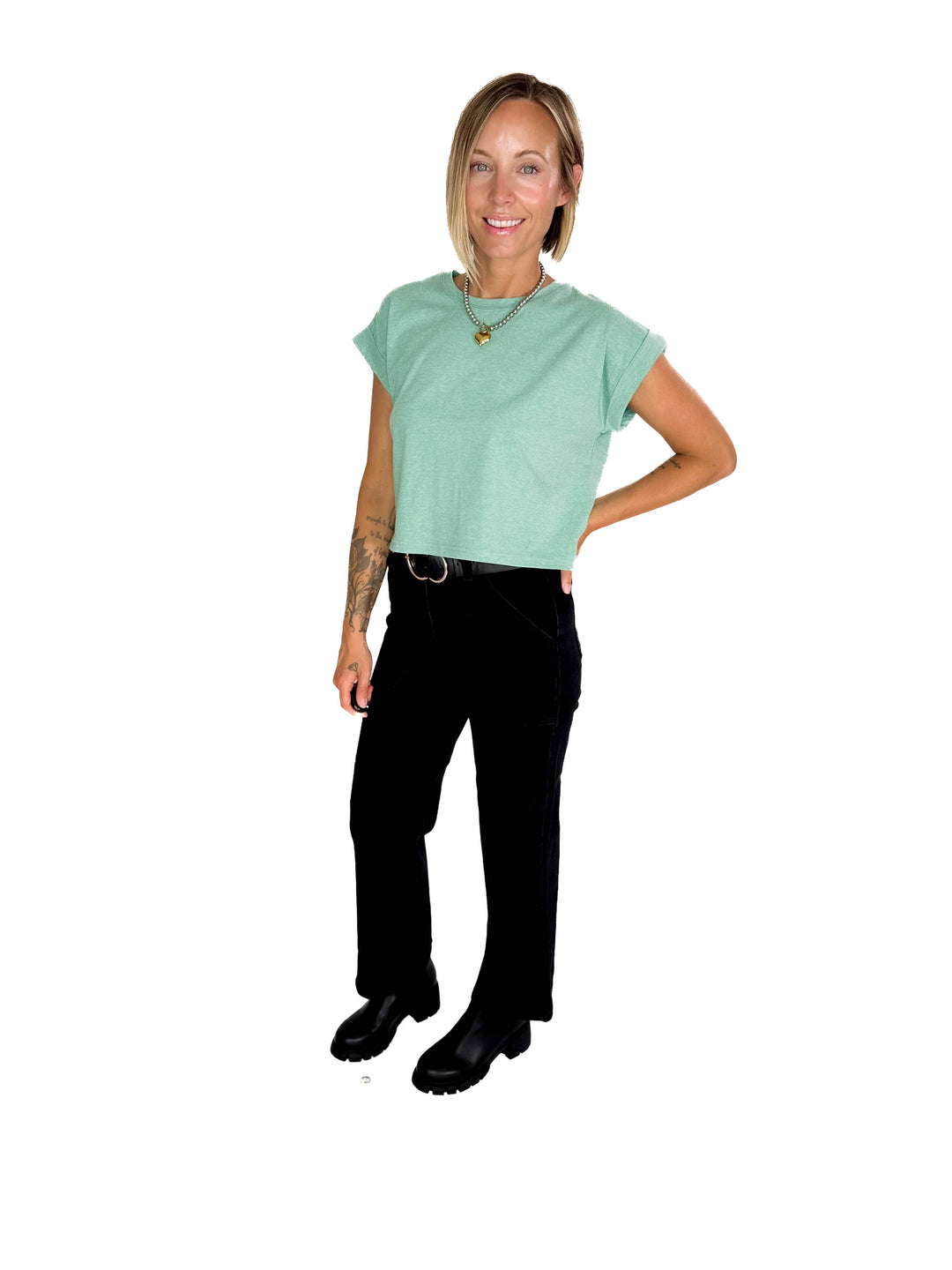 Helen Cotton Folded Sleeve Top- HEATHER MINT GREEN