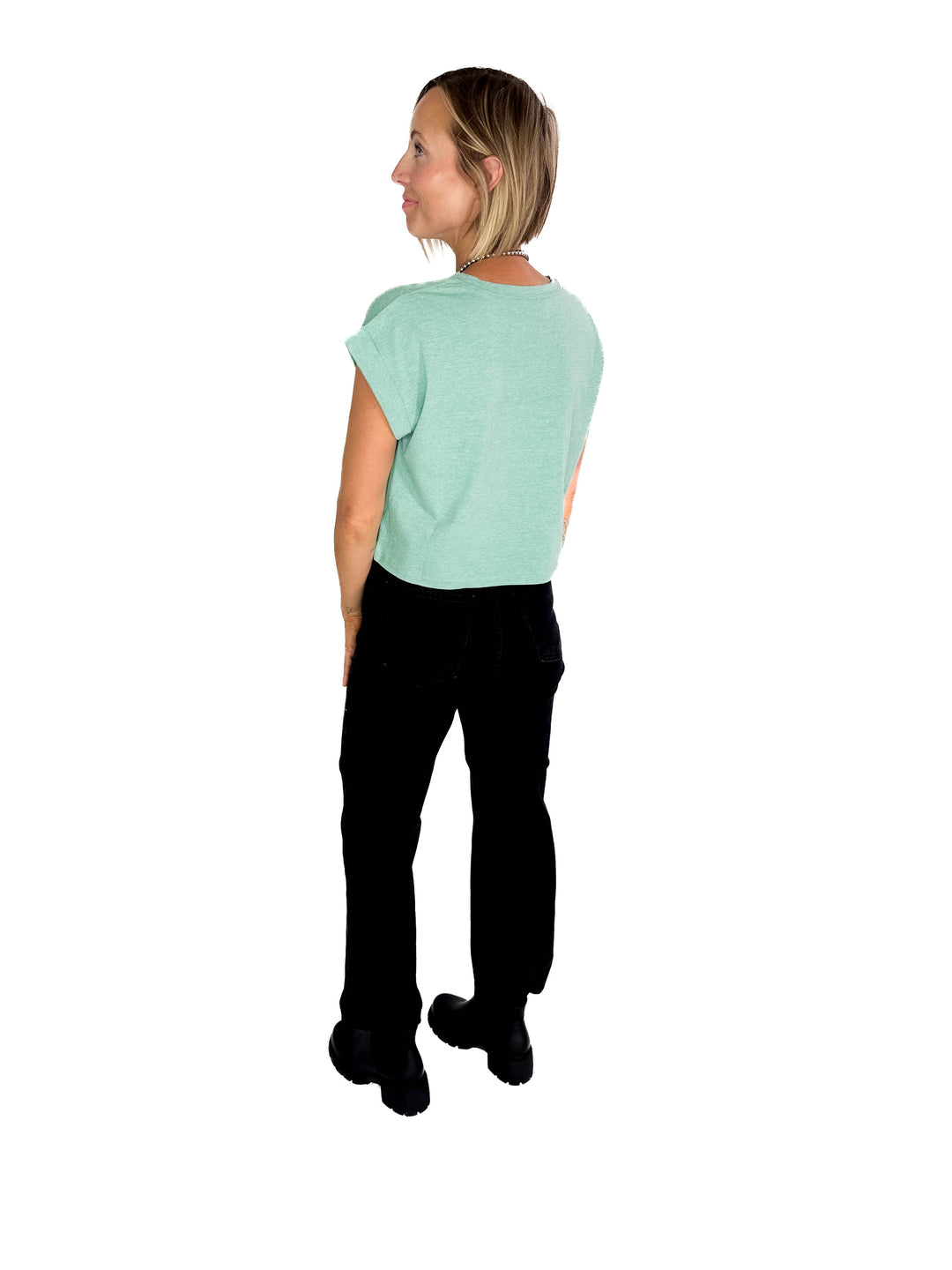 Helen Cotton Folded Sleeve Top- HEATHER MINT GREEN