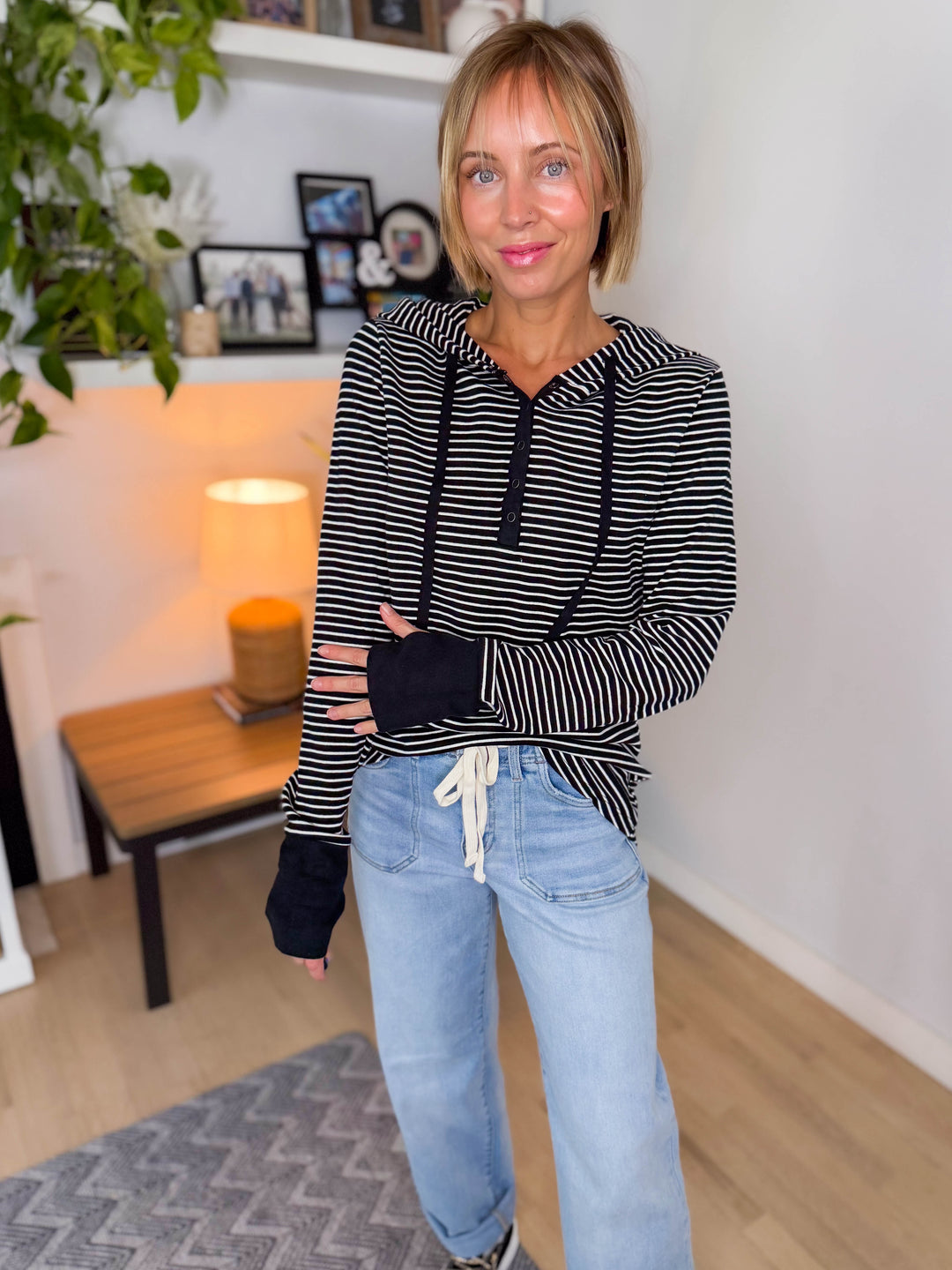 Juniper Henley Ribbed Hooded Top- BLACK