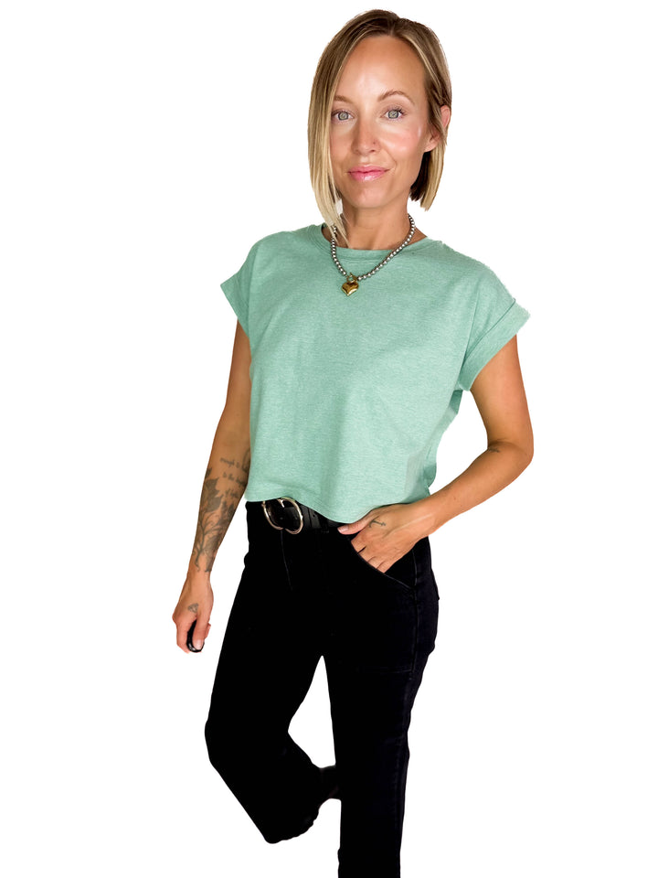 Helen Cotton Folded Sleeve Top- HEATHER MINT GREEN