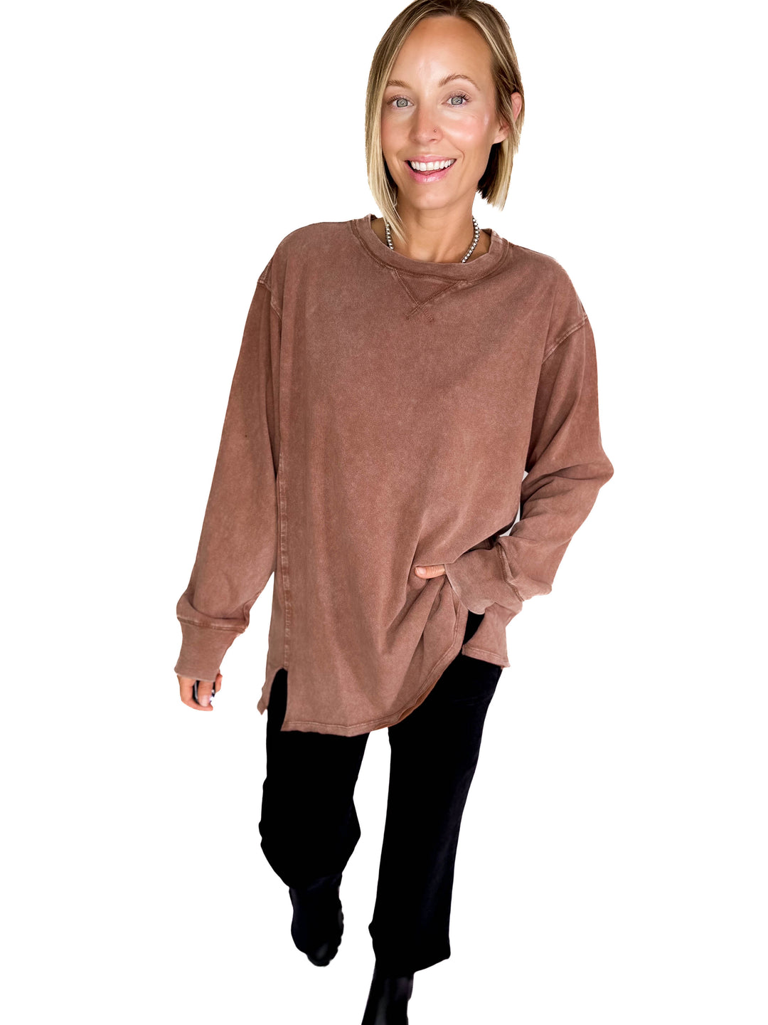 Rita Washed Tunic Long Sleeve- CHESTNUT