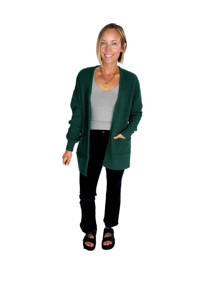 Marley Waffle Cardigan- HUNTER GREEN