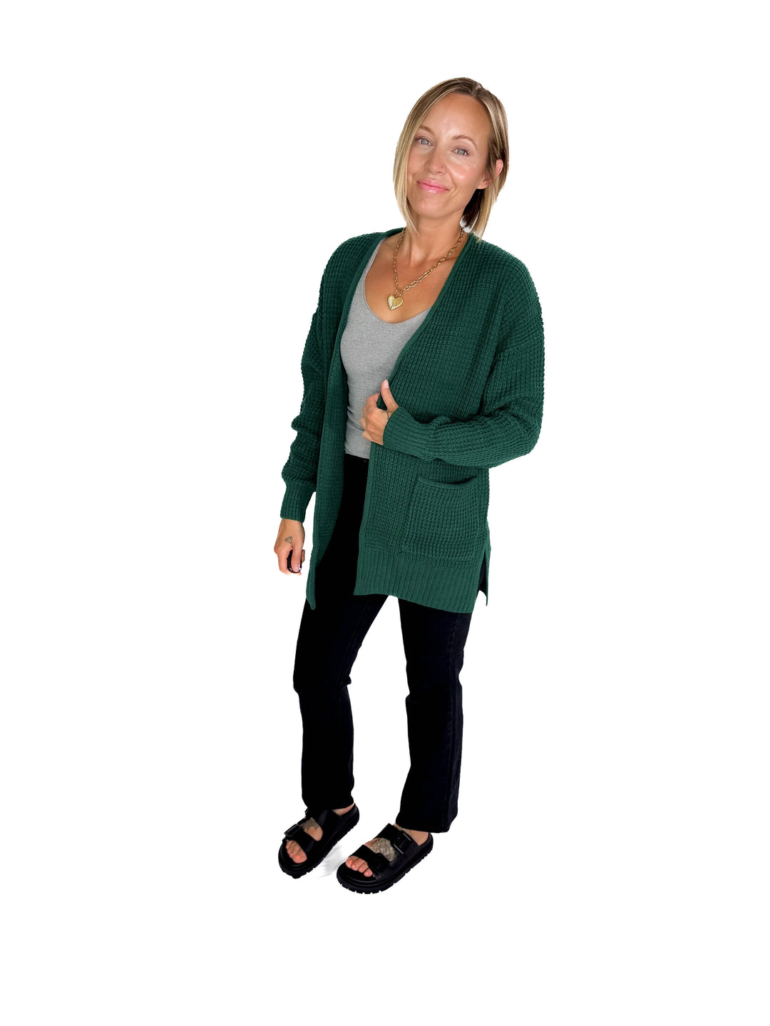Marley Waffle Cardigan- HUNTER GREEN