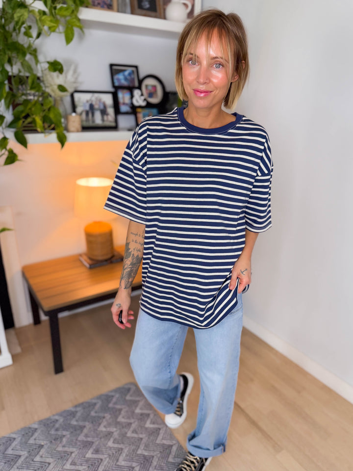 Opal Stripe Oversized Tunic Tee- NAVY