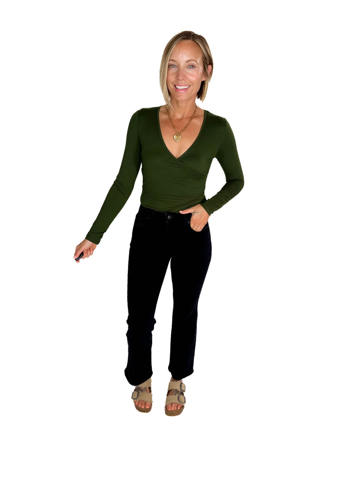 Nicole Surplice Long Sleeve Bodysuit- FOREST GREEN
