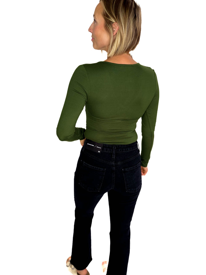 Nicole Surplice Long Sleeve Bodysuit- FOREST GREEN