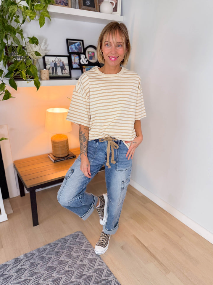 Opal Stripe Oversized Tunic Tee- TAUPE