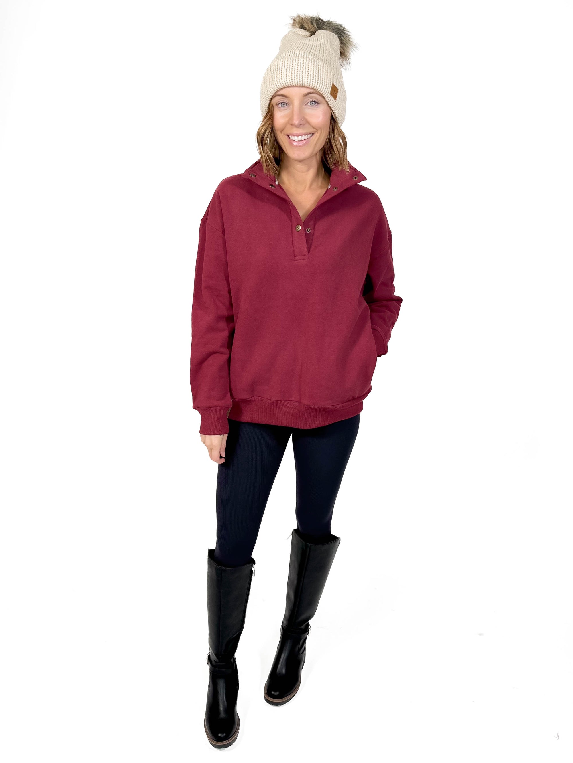 AMPERSAND AVE Never Better Button Pullover- WINE