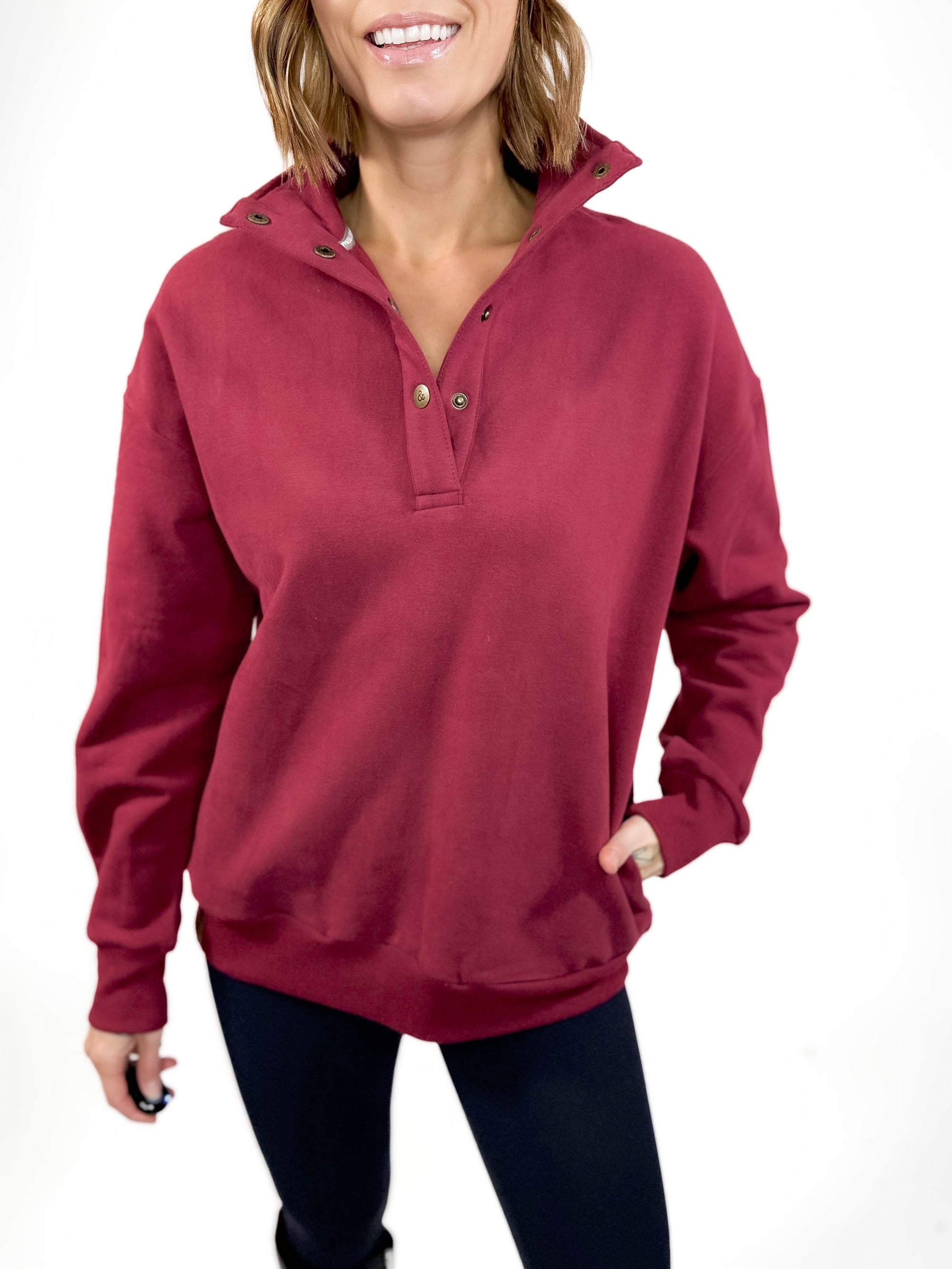 AMPERSAND AVE Never Better Button Pullover- WINE