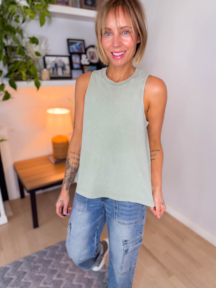 Ruthee Washed Cotton Tank- SAGE GREEN