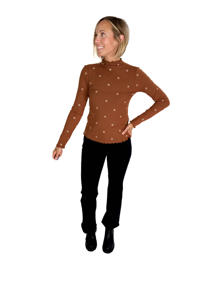 Stella Flower Embroided Mock Neck Rib Top- CARAMEL