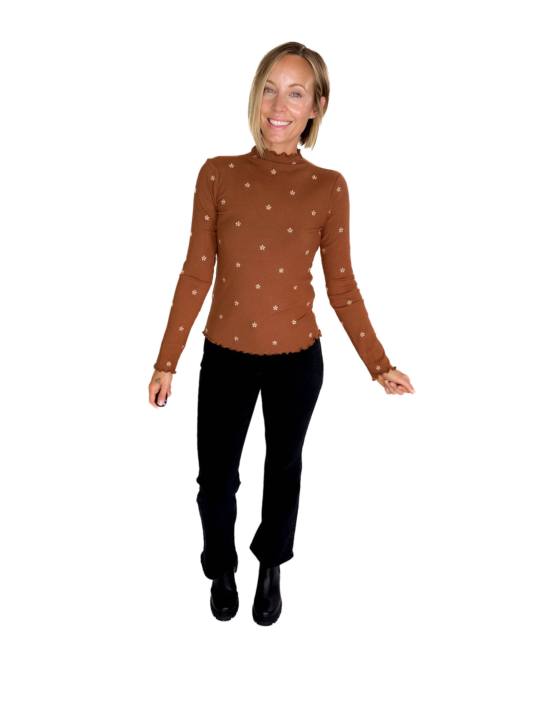 Stella Flower Embroided Mock Neck Rib Top- CARAMEL