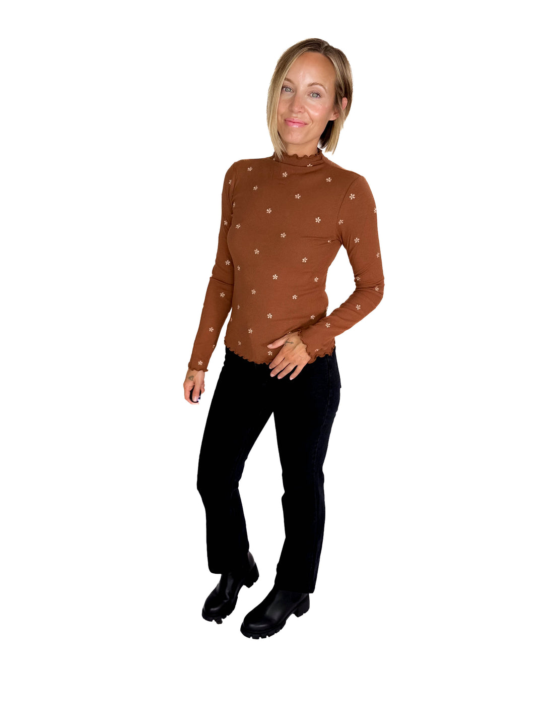 Stella Flower Embroided Mock Neck Rib Top- CARAMEL