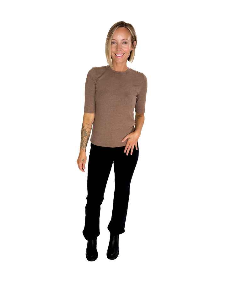 Emma Ultra Soft Classic Ribbed Crewneck 1/2 Sleeve- NUTELLA