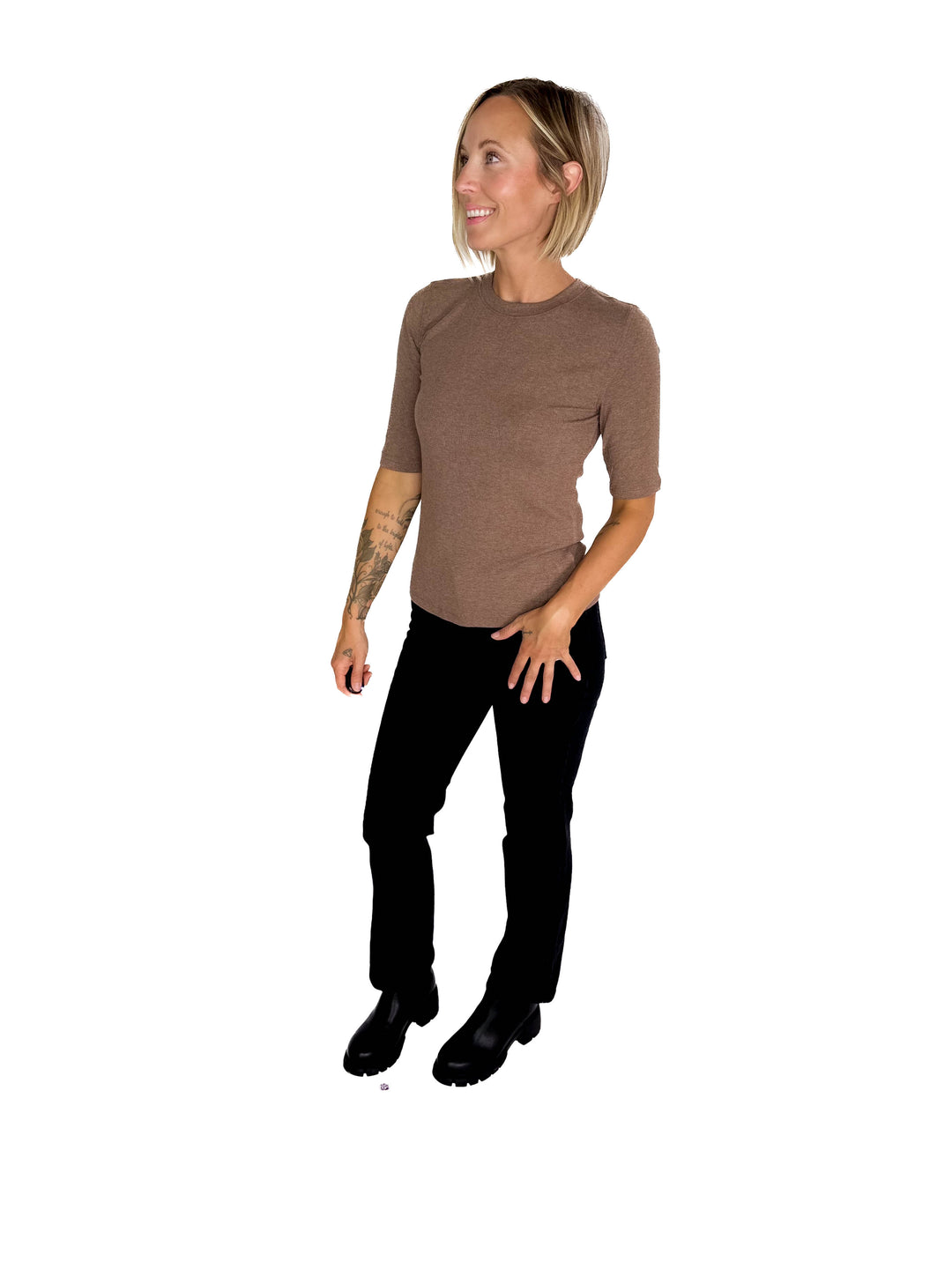 Emma Ultra Soft Classic Ribbed Crewneck 1/2 Sleeve- NUTELLA