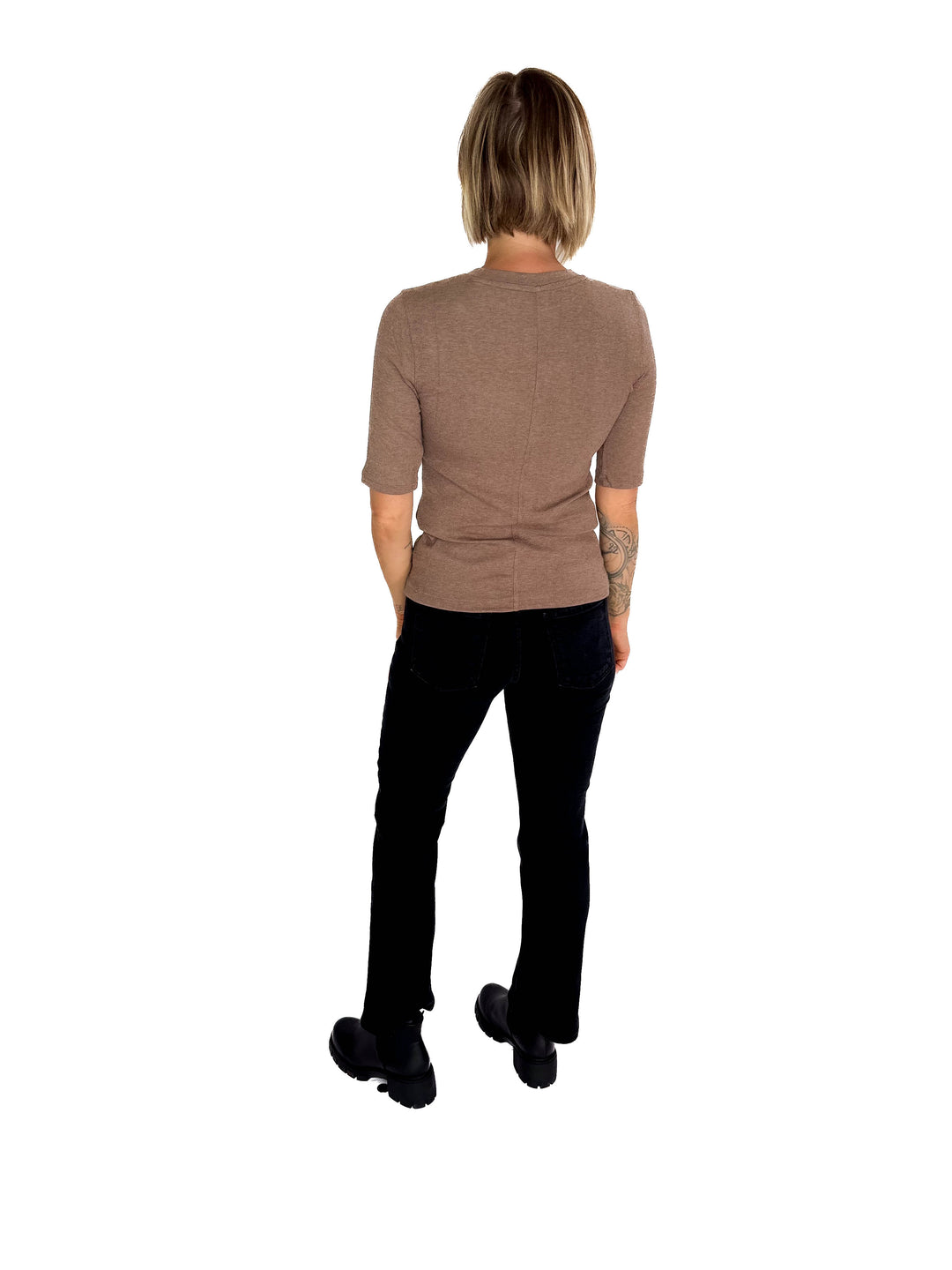 Emma Ultra Soft Classic Ribbed Crewneck 1/2 Sleeve- NUTELLA