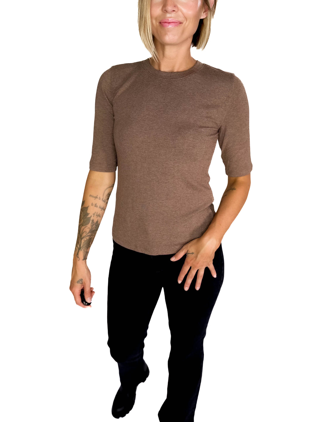 Emma Ultra Soft Classic Ribbed Crewneck 1/2 Sleeve- NUTELLA
