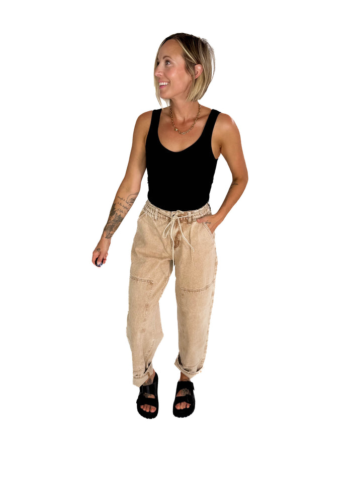 Jazz Colour Washed Barrel Fit Pants- TAN WASH