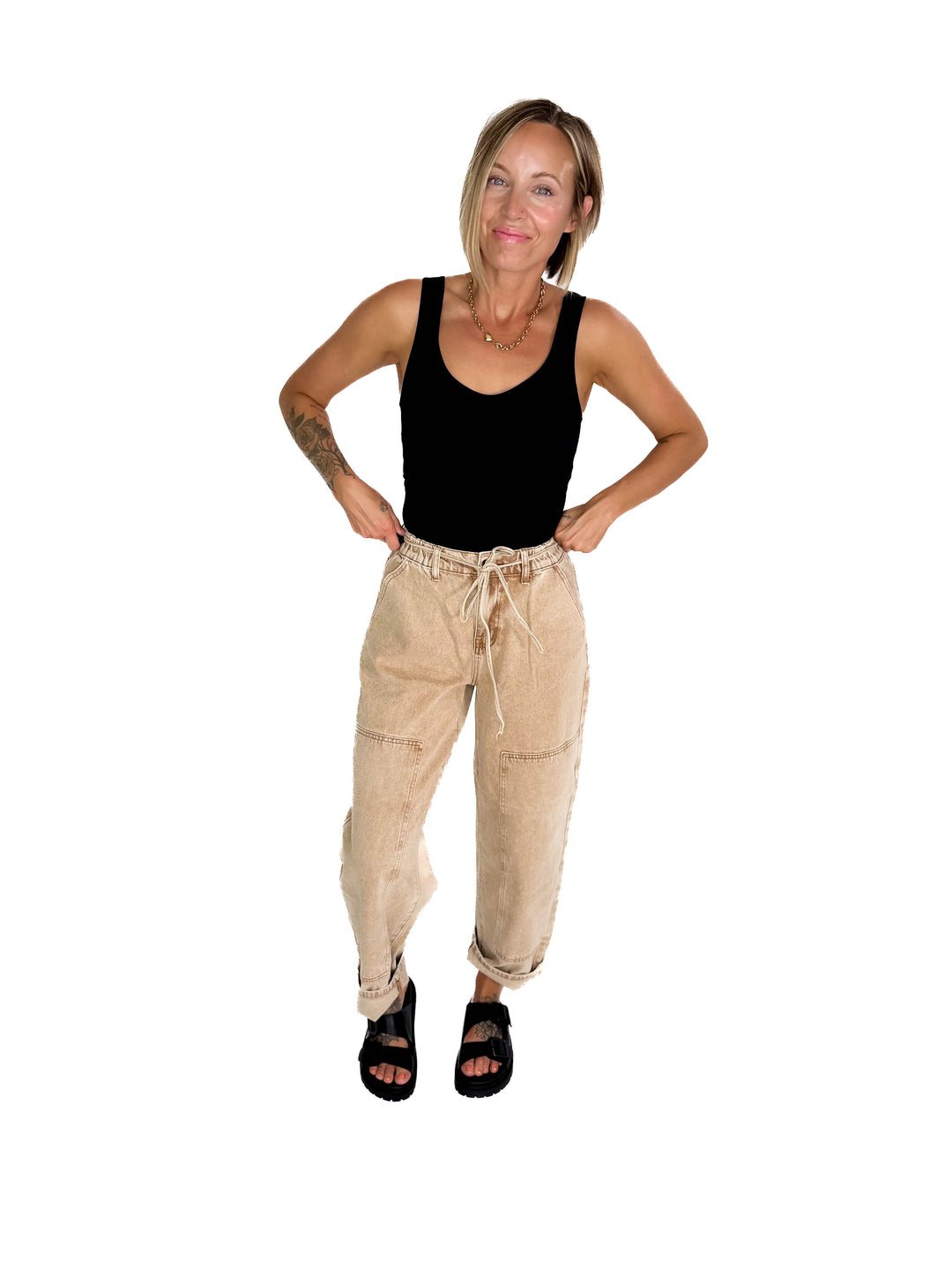 Jazz Colour Washed Barrel Fit Pants- TAN WASH