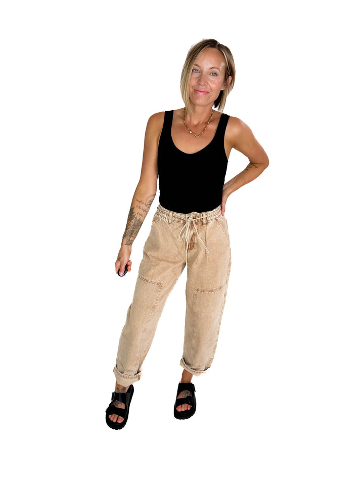 Jazz Colour Washed Barrel Fit Pants- TAN WASH