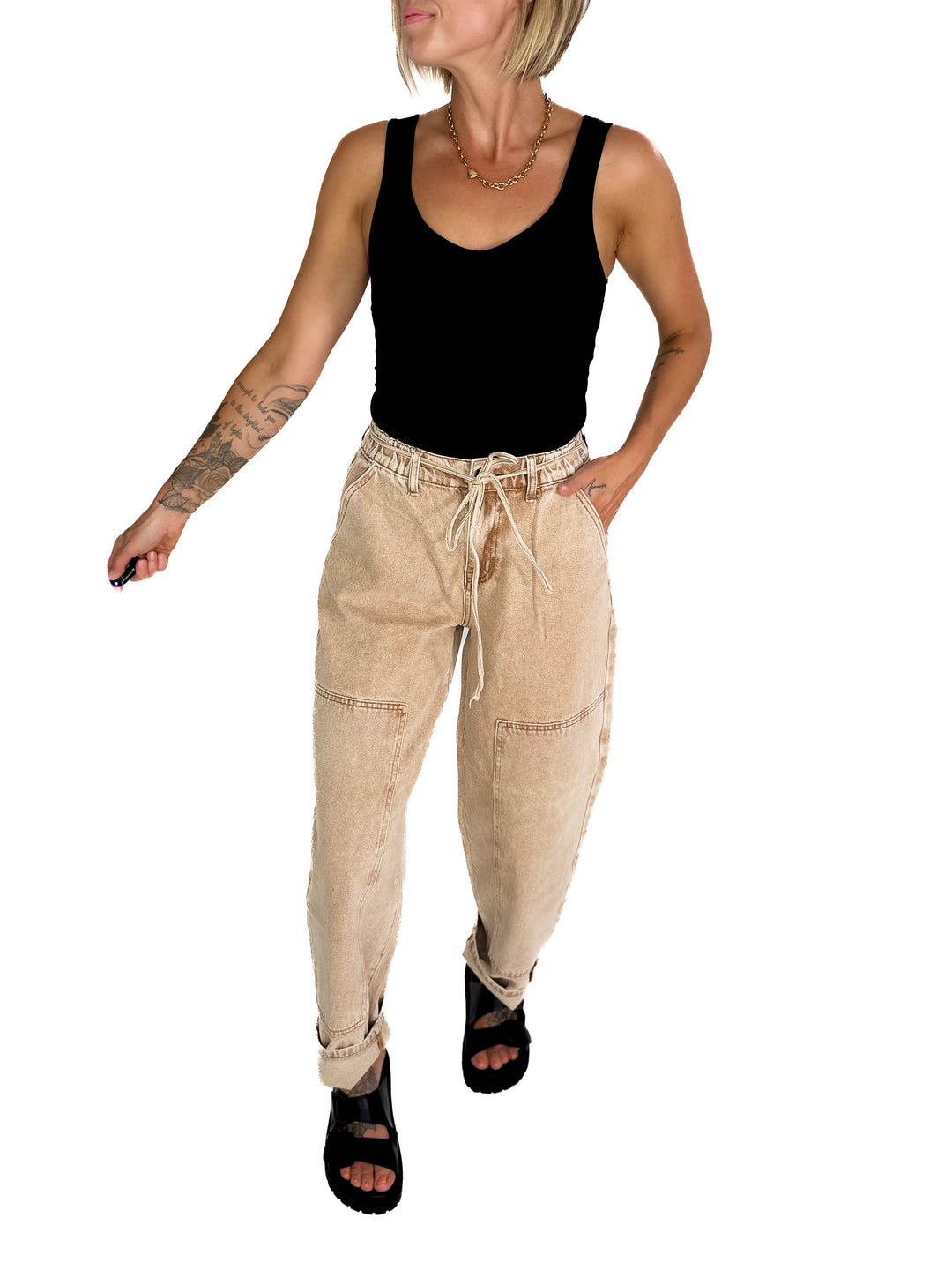 Jazz Colour Washed Barrel Fit Pants- TAN WASH