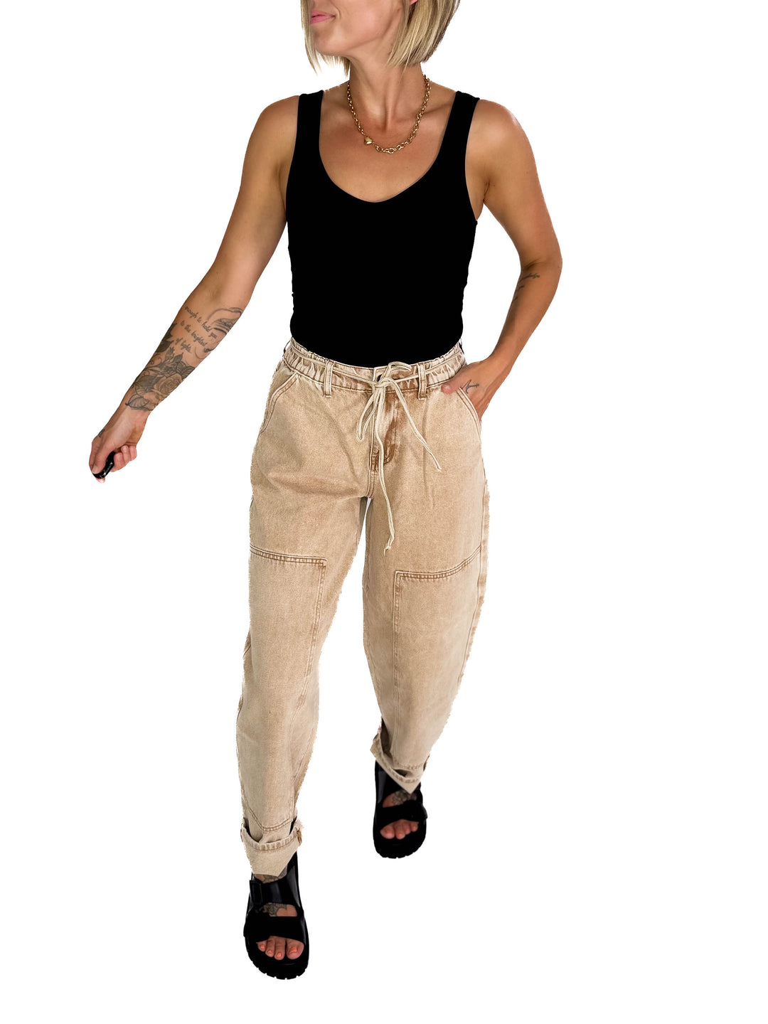 Jazz Colour Washed Barrel Fit Pants- TAN WASH