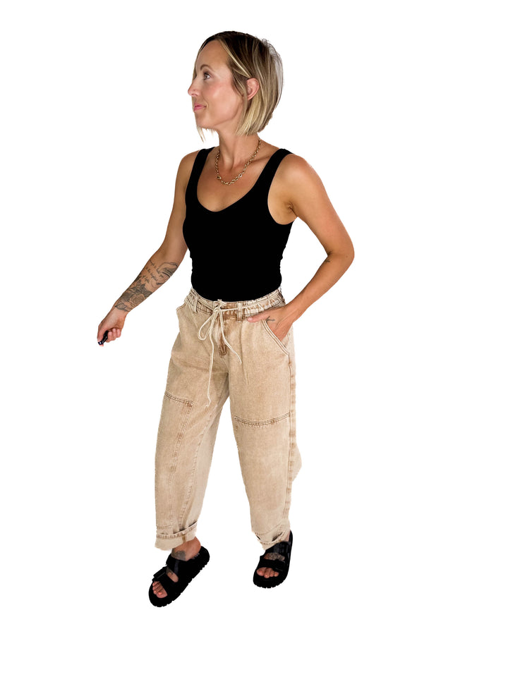 Jazz Colour Washed Barrel Fit Pants- TAN WASH