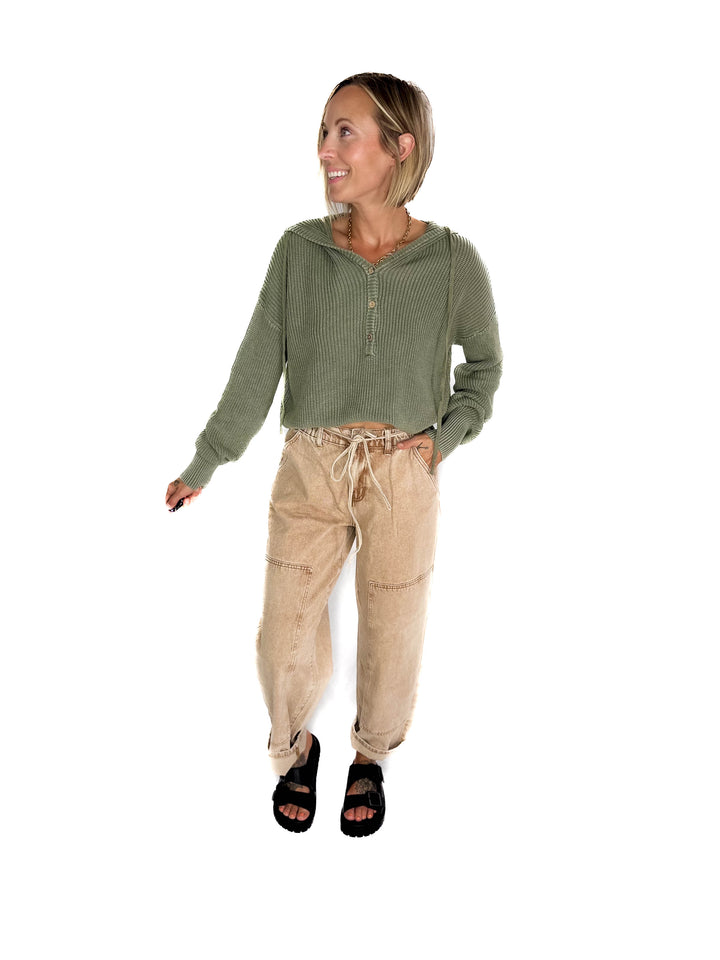 Maradith Chunky Knit Henley Sweater- SAGE