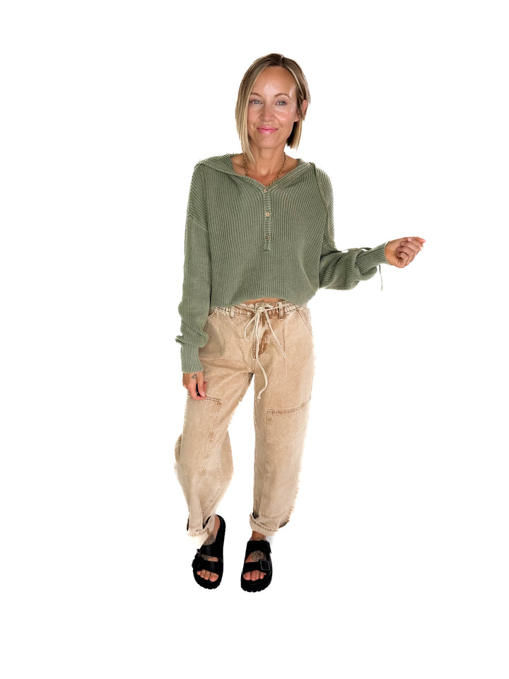Maradith Chunky Knit Henley Sweater- SAGE