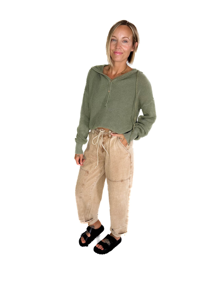 Maradith Chunky Knit Henley Sweater- SAGE