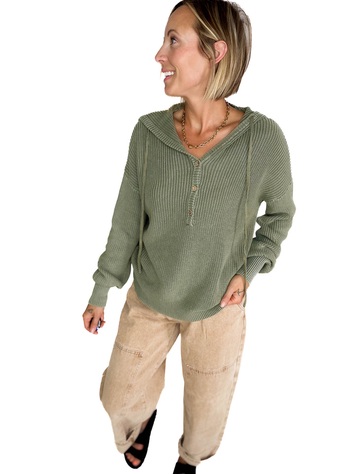 Maradith Chunky Knit Henley Sweater- SAGE
