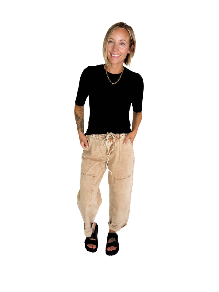 Emma Ultra Soft Classic Ribbed Crewneck 1/2  Sleeve- BLACK