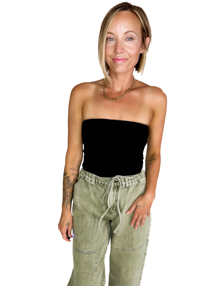 Andrea Double Layered Cropped Tube Top- BLACK