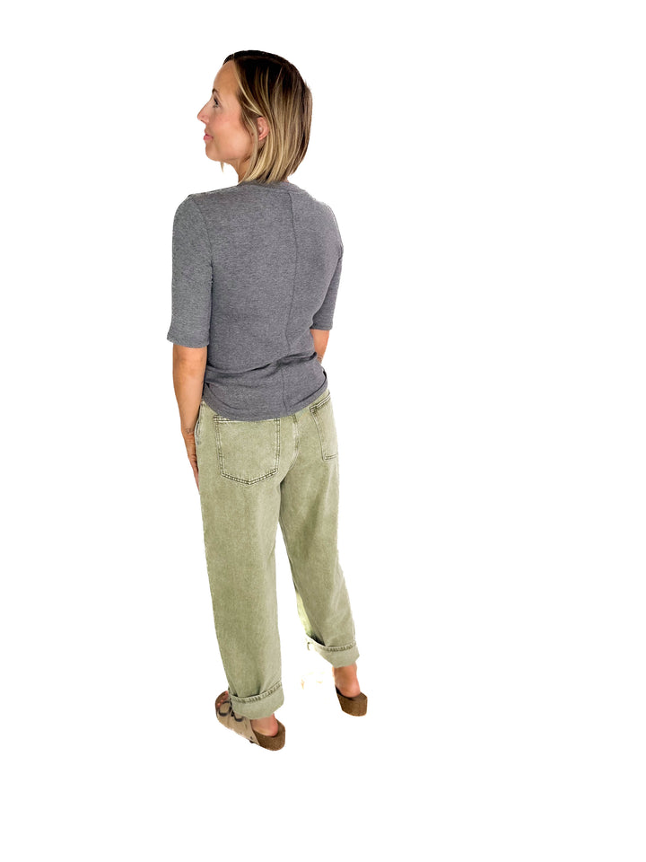 Emma Ultra Soft Classic Ribbed Crewneck 1/2 Sleeve- HEATHER GREY