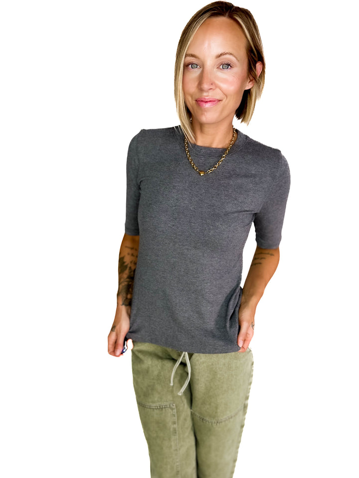 Emma Ultra Soft Classic Ribbed Crewneck 1/2 Sleeve- HEATHER GREY