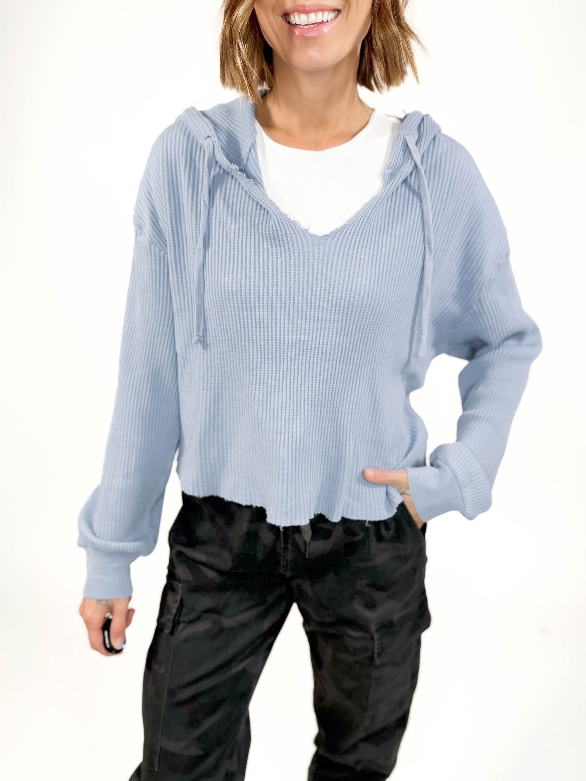 Alina Waffle Hooded Long Sleeve- GREY BLUE