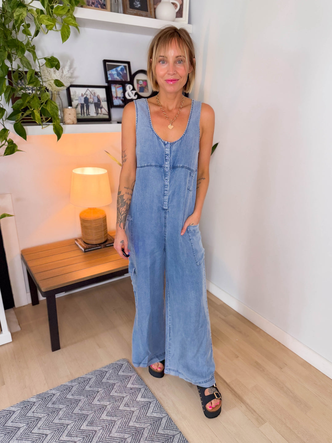 Celeste Wide Leg Tencel Cargo Pocket Jumpsuit- WASHED DENIM