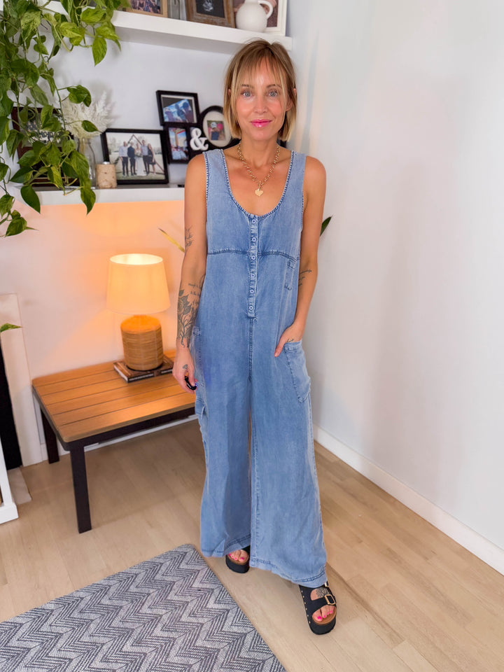 Celeste Wide Leg Tencel Cargo Pocket Jumpsuit- WASHED DENIM