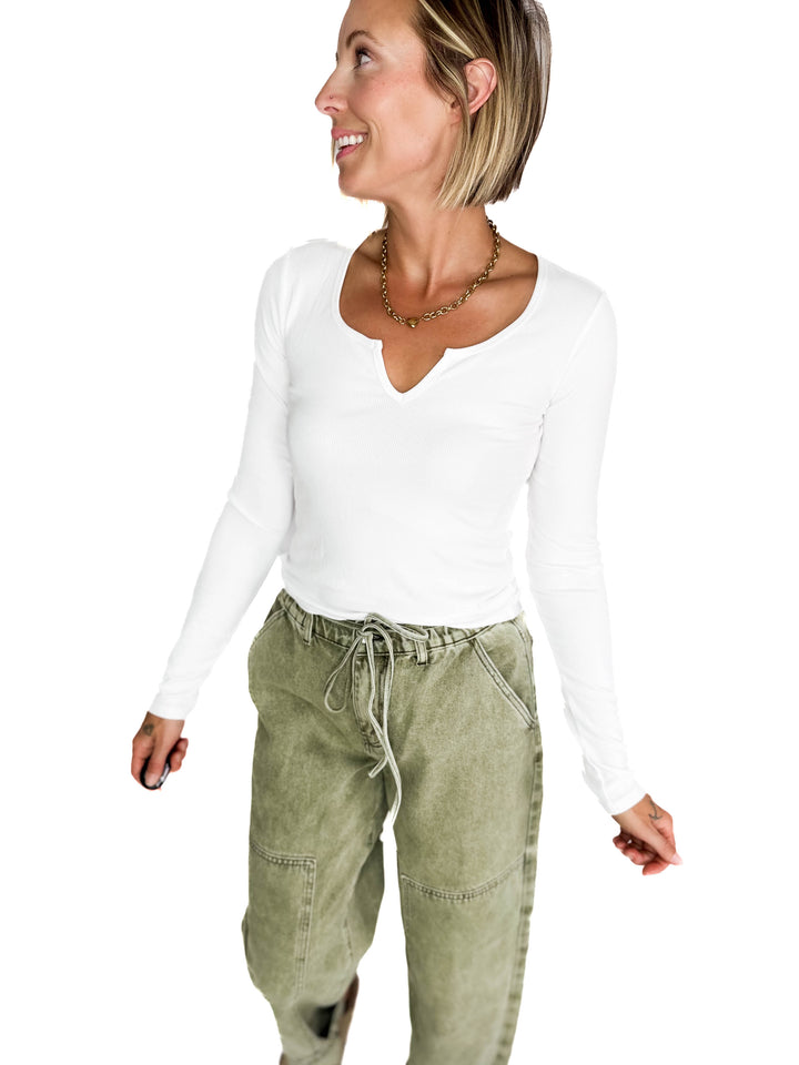 Jennifer Classic Ribbed Basic Long Sleeve- OFF WHITE