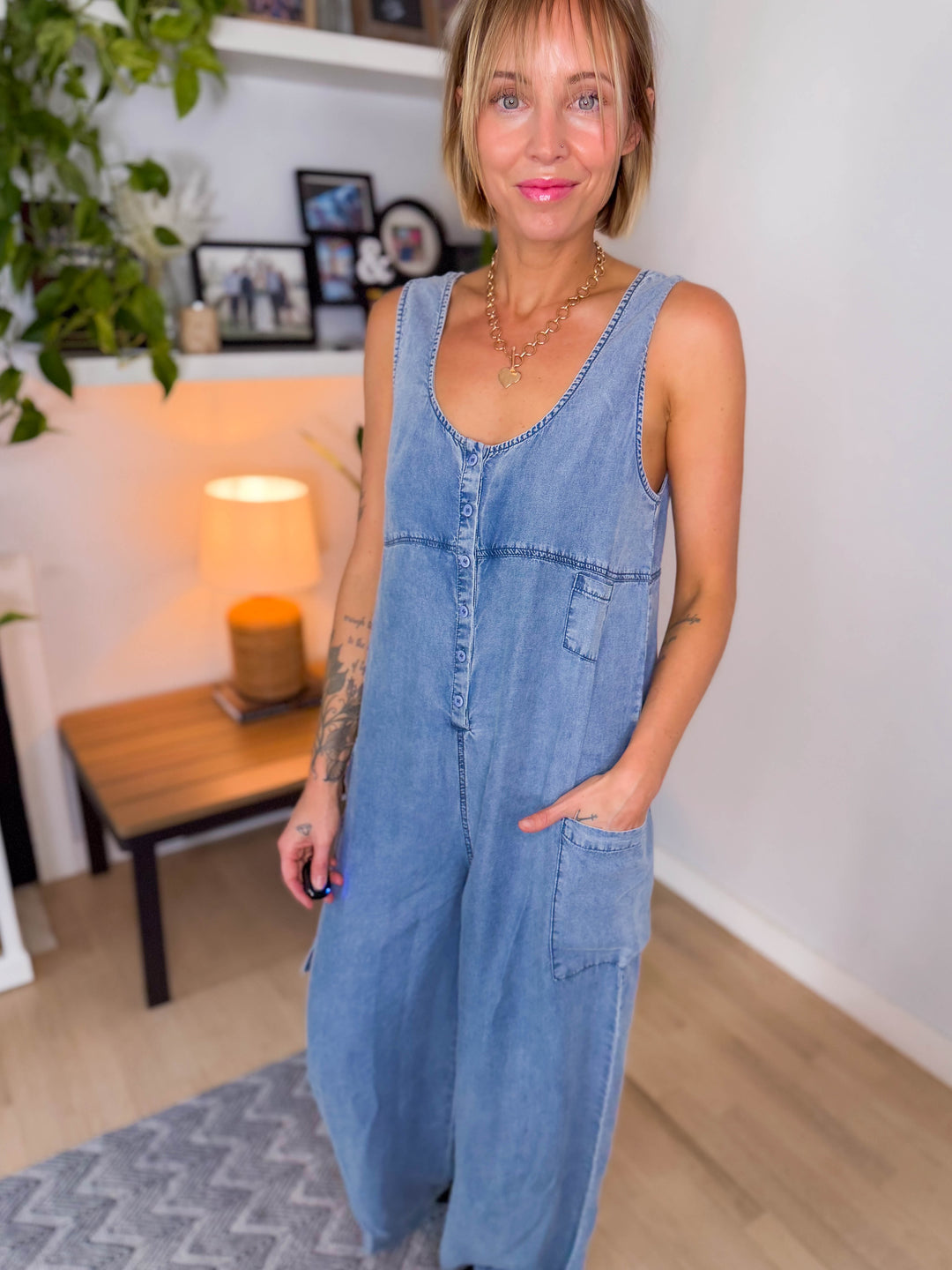 Celeste Wide Leg Tencel Cargo Pocket Jumpsuit- WASHED DENIM