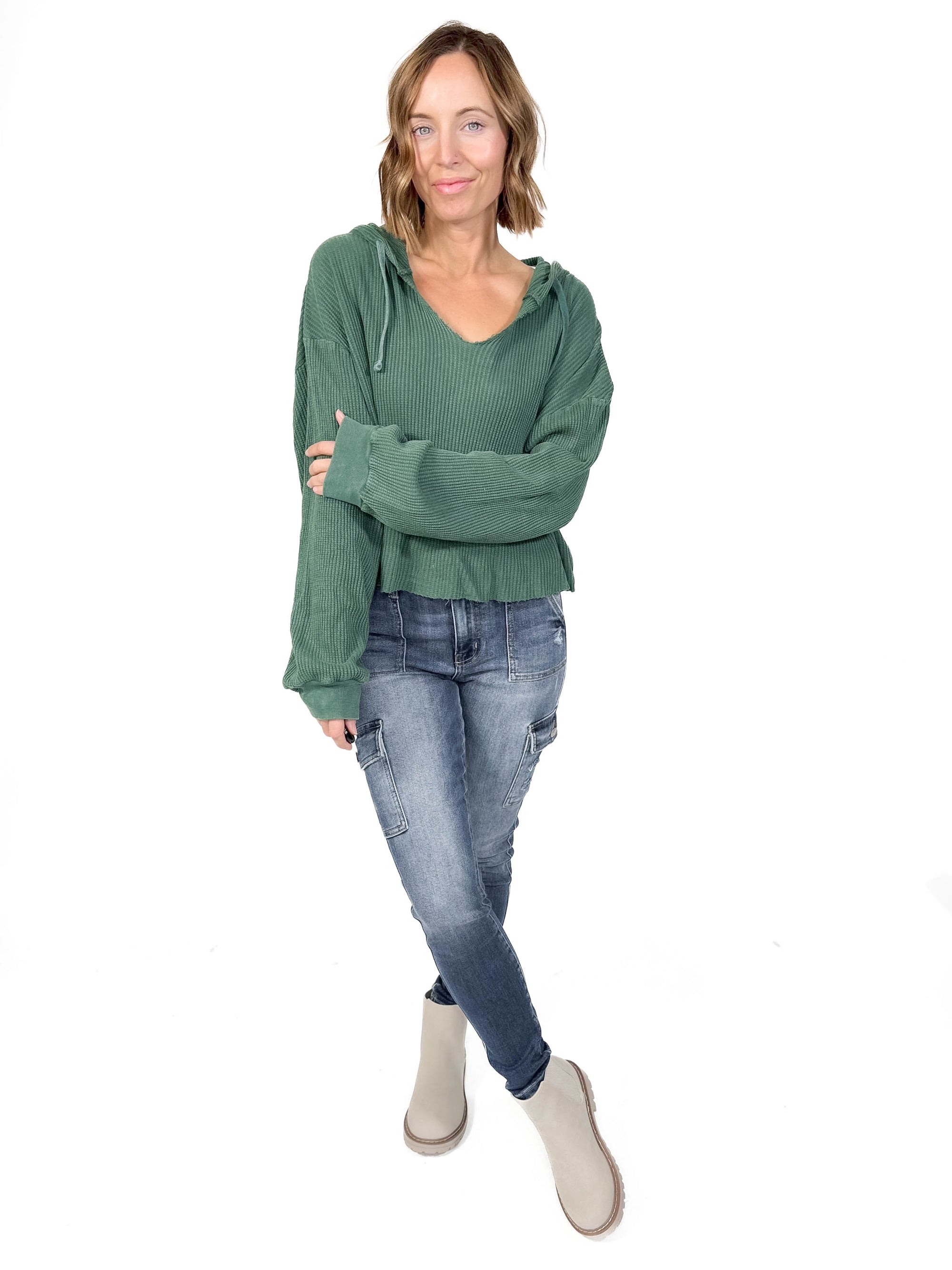 Alina Waffle Hooded Long Sleeve- DARK GREEN