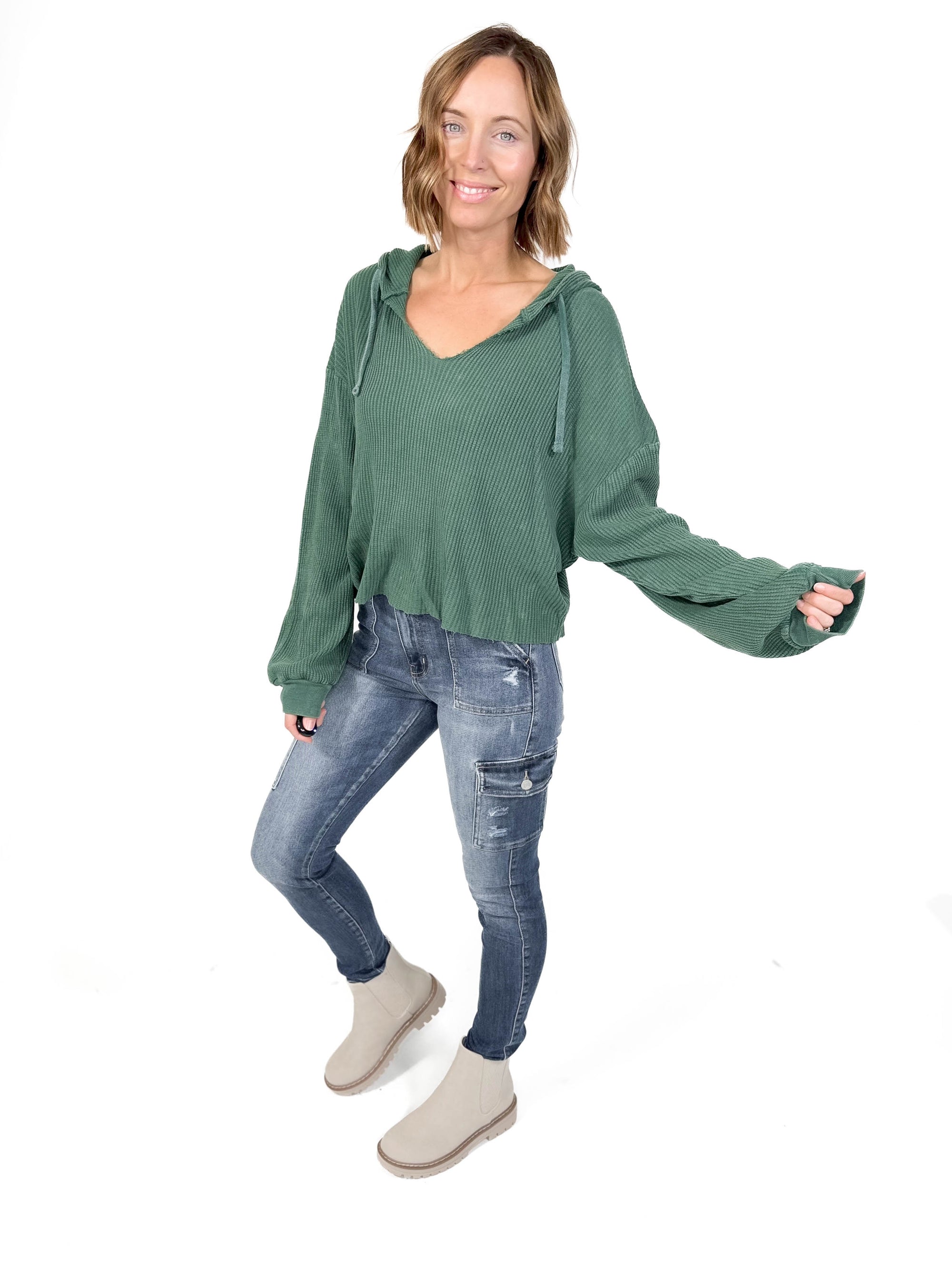 Alina Waffle Hooded Long Sleeve- DARK GREEN