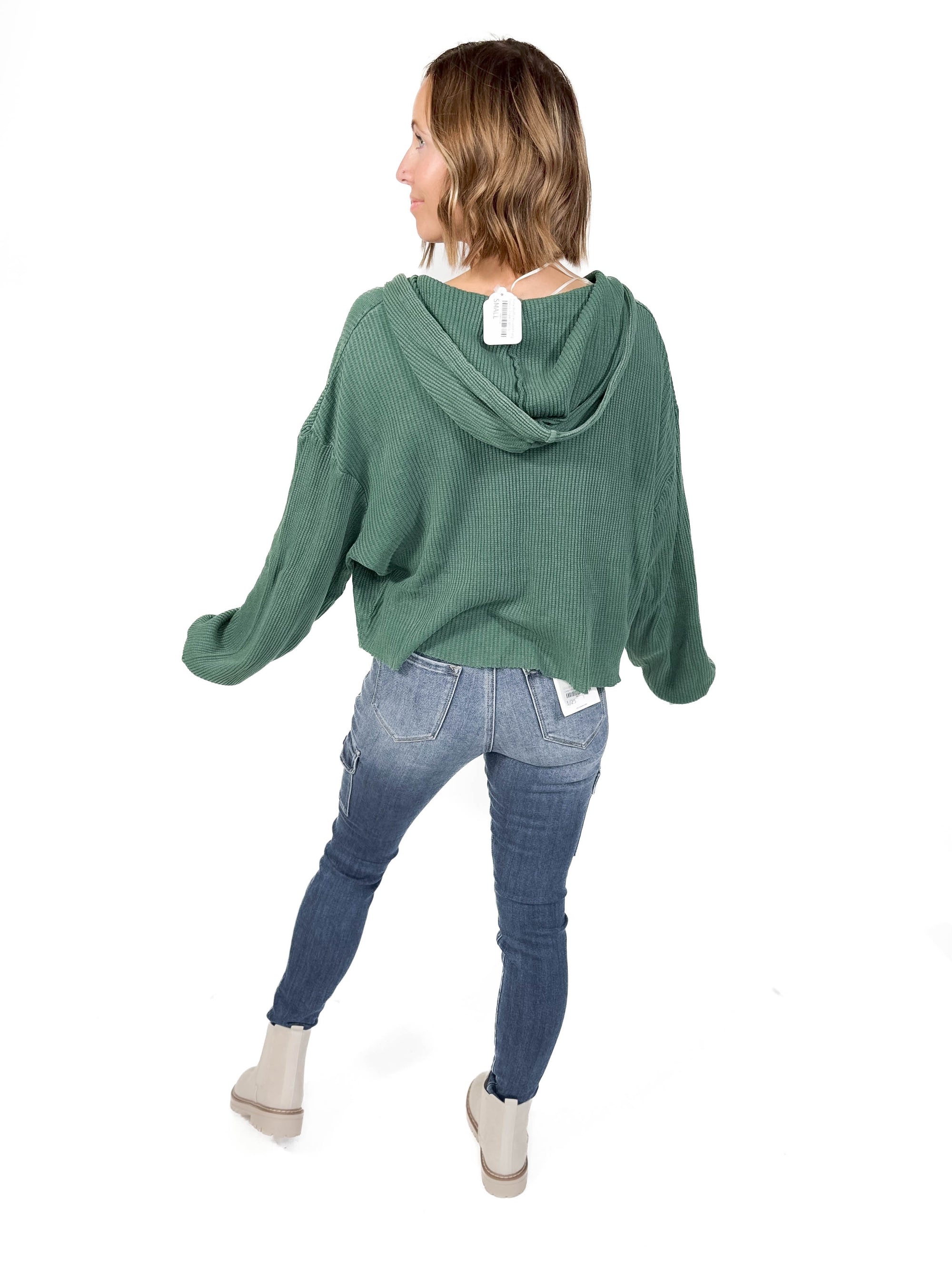 Alina Waffle Hooded Long Sleeve- DARK GREEN