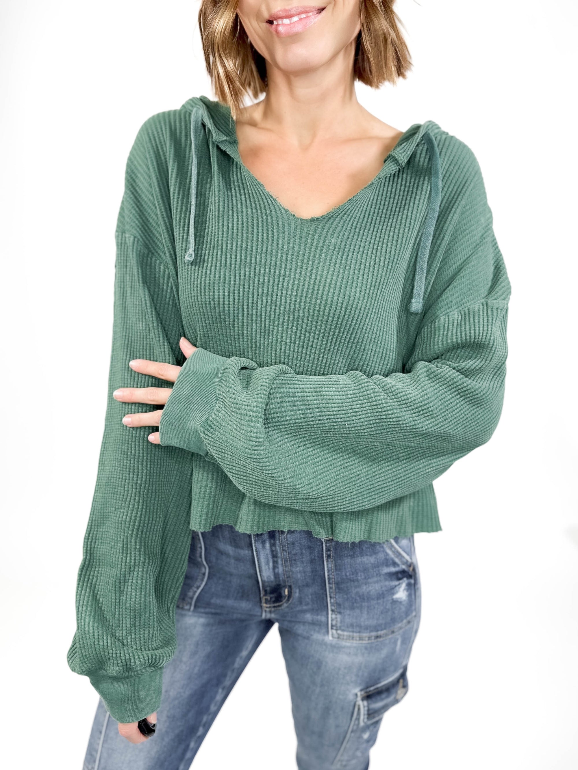 Alina Waffle Hooded Long Sleeve- DARK GREEN