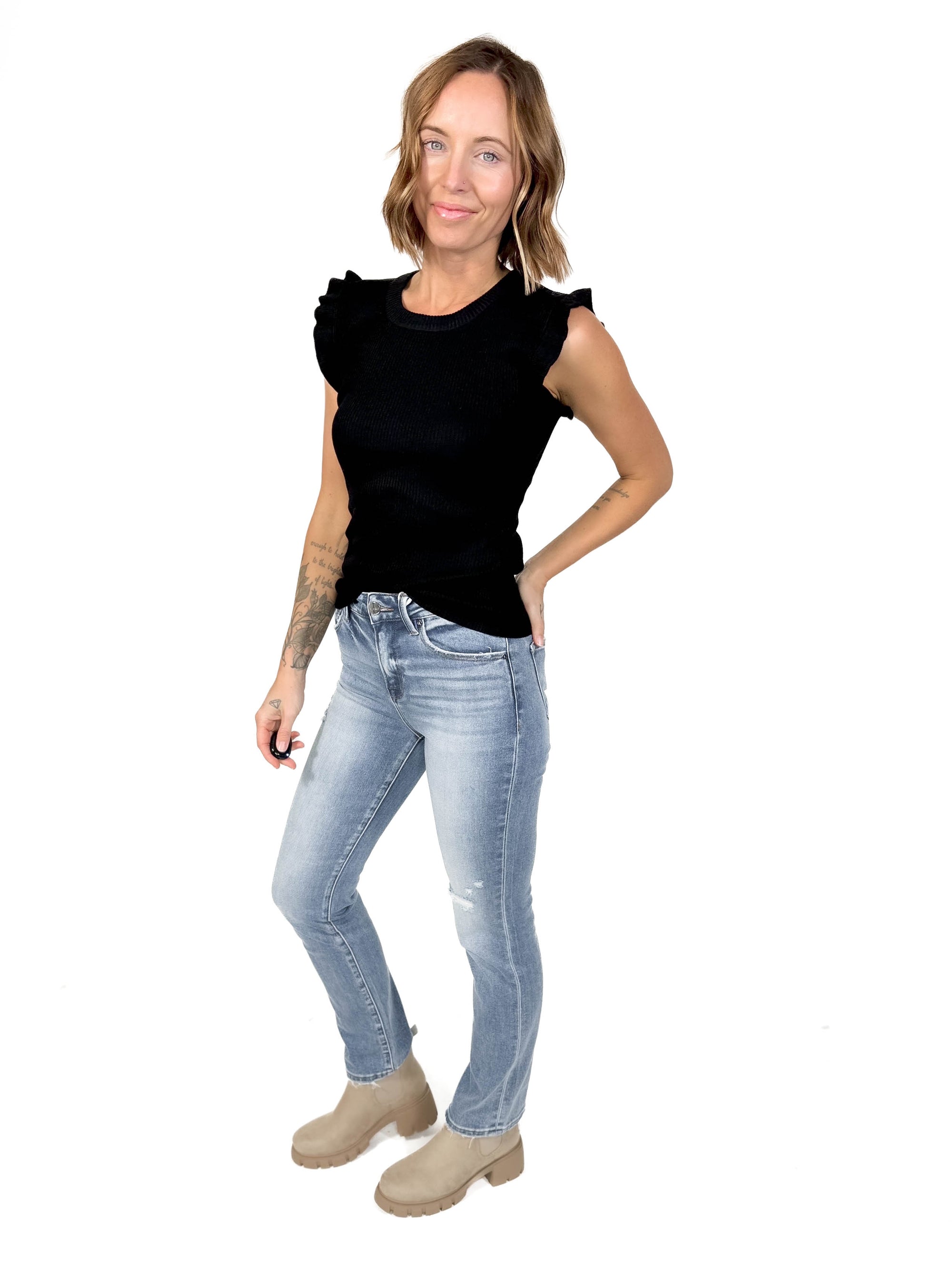 Christa Ruffle Sleeve Top- BLACK-FINAL SALE