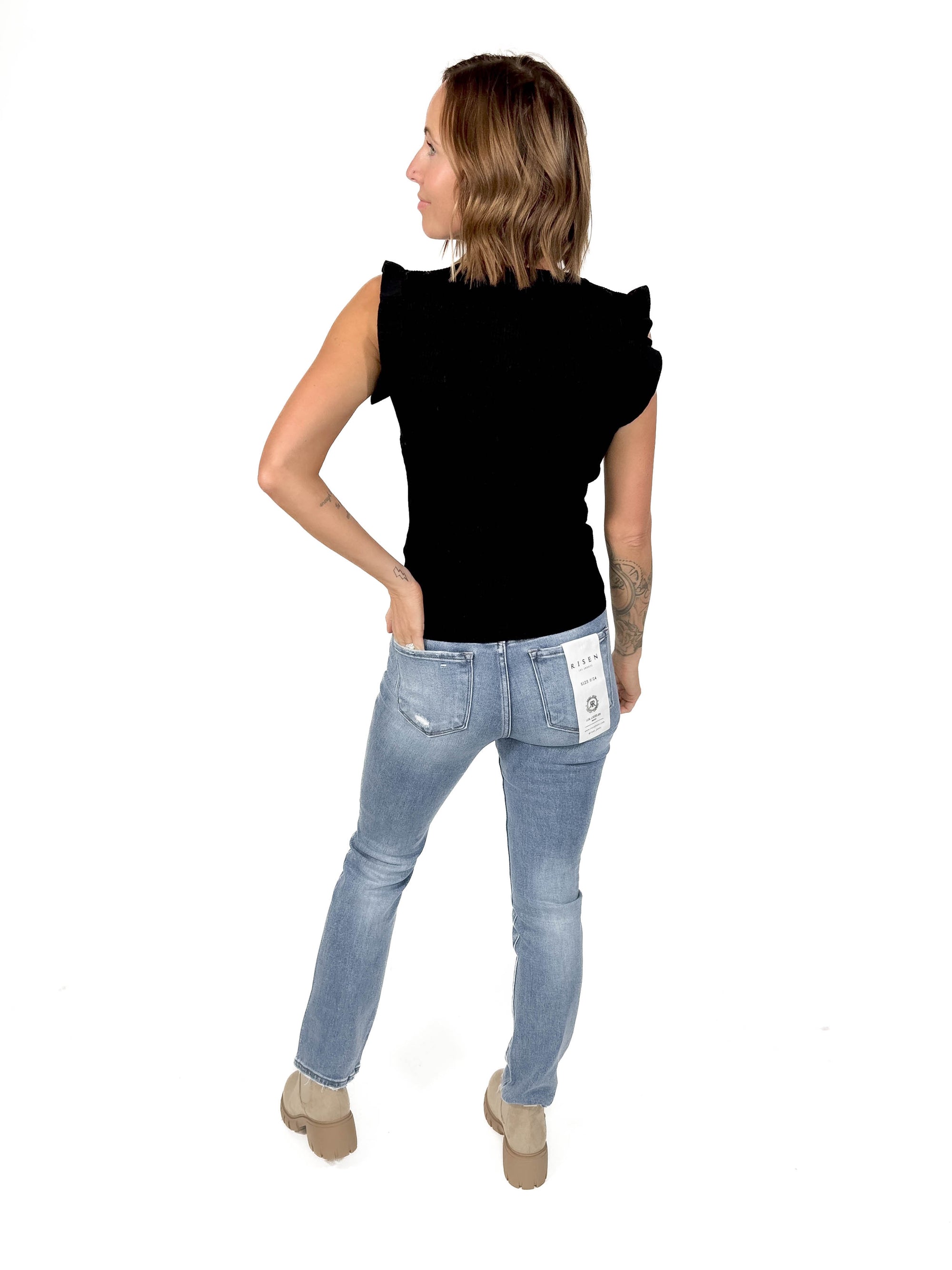 Christa Ruffle Sleeve Top- BLACK-FINAL SALE