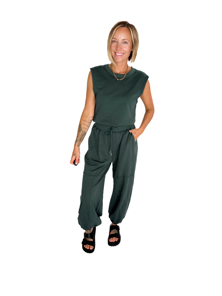 Lisa Drawstring Waist Knit Active Jumpsuit- HUNTER GREEN