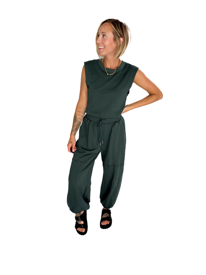 Lisa Drawstring Waist Knit Active Jumpsuit- HUNTER GREEN