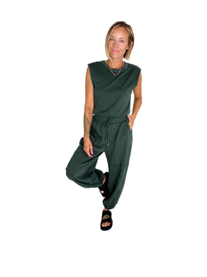 Lisa Drawstring Waist Knit Active Jumpsuit- HUNTER GREEN